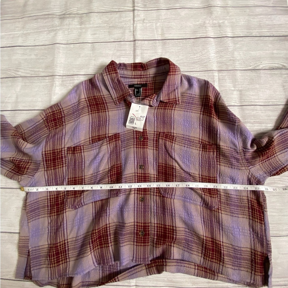 Forever 21 Brown and Purple Boxy Crop Button Down Shirt NWT - Picture 4 of 6